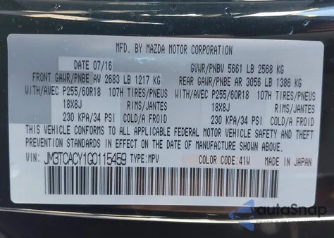 2016 Mazda Cx-9 Touring из США, поврежденный, VIN JM3TCACY1G0115459